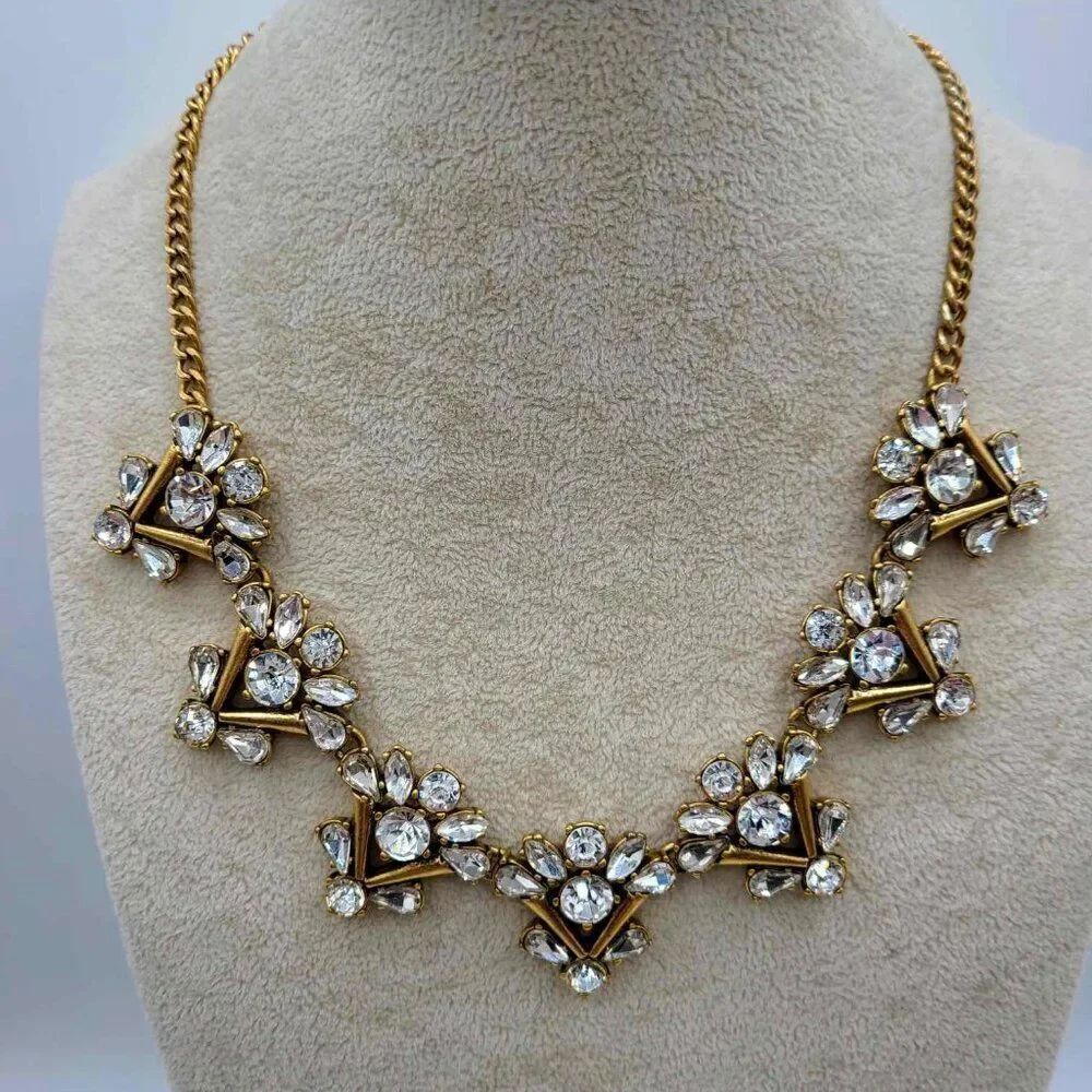 J Crew Clear Crystal Gold Tone V Cluster Statement Necklace